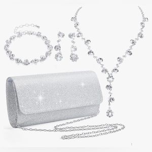 NWT 4 Pcs Silver Clutch Purse Jewelry Set